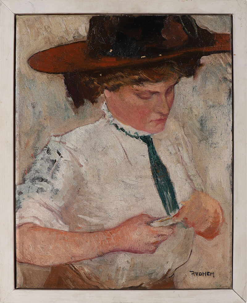 Schilderij van een jongen met hoed, witte polo en groene stropdas, kijkend naar beneden